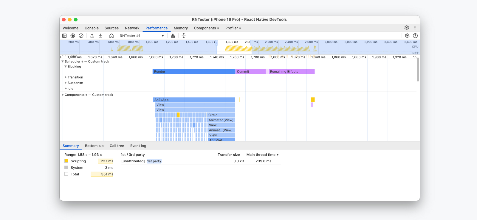 A performance trace in React Native DevTools